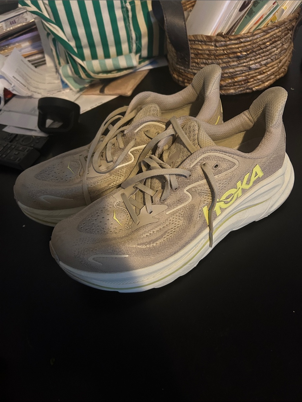 Hoka Men's Beige Sneakers with Yellow Logo - Cushioned Athletic Shoes